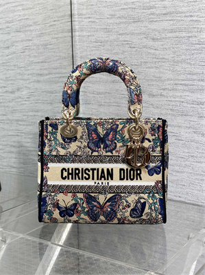 CD Medium Lady D-Lite Bag Embroidery Beige Multicolors