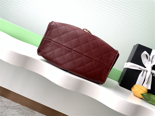 Ch*el 25 small handbag grained calfskin gold tone metal burgundy as5293