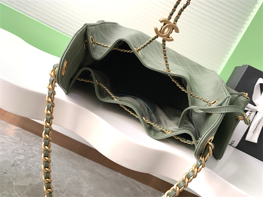 Ch*el 25 small handbag grained calfskin gold tone metal green as5293
