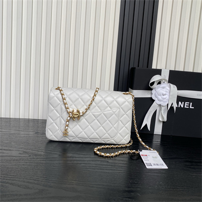 Ch*el small flap bag lambskin gold tone metal white as5756