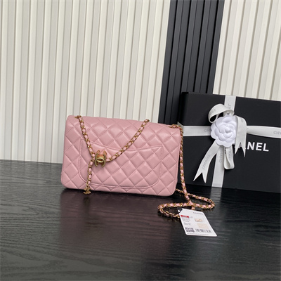 Ch*el small flap bag lambskin gold tone metal pink as5756