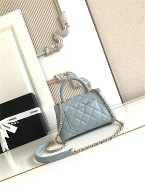 Cha.nel Mini Coco Handle Bag Grained Calfskin Aged Gold Metal Blue AS2215