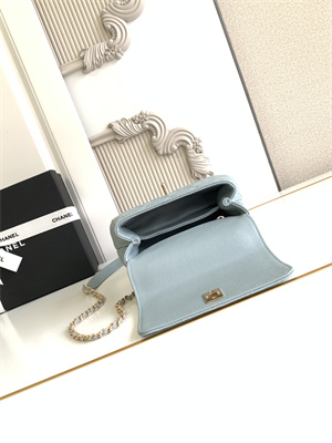 Cha.nel Mini Coco Handle Bag Grained Calfskin Aged Gold Metal Blue AS2215