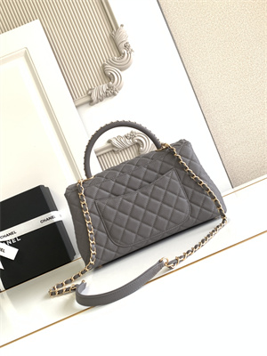 Cha.nel Large Coco Handle Bag Grained Calfskin Aged Gold Metal Grey A92991