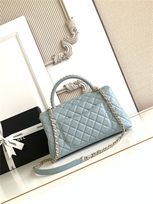 Cha.nel Large Coco Handle Bag Grained Calfskin Aged Gold Metal Blue A92991