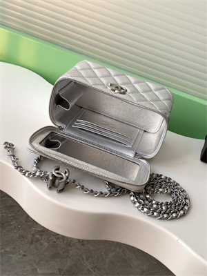 Ch*el vanity case grained calfskin& silver-tone metal silver ap3940