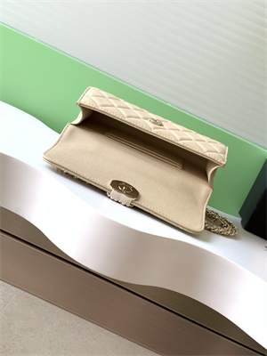 Cha.nel Clutch With Chain Top Handle Grained Calfskin Gold Tone Metal Beige AP3238