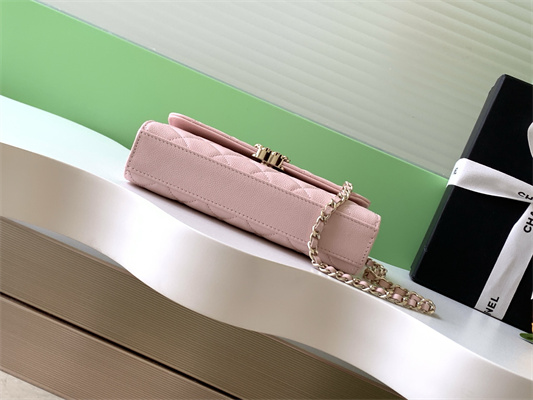 Cha.nel Clutch With Chain Top Handle Grained Calfskin Gold Tone Metal Pink AP3238