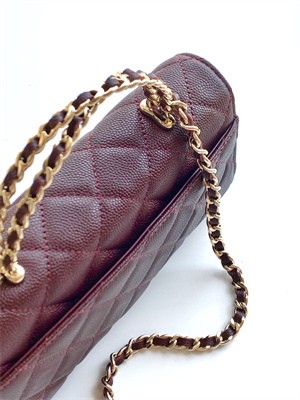 Cha.nel Clutch With Chain Top Handle Grained Calfskin Gold Tone Metal Burgundy AP3238
