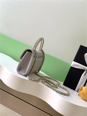 Cha.nel Clutch With Chain Top Handle Grained Calfskin Gold Tone Metal Grey AP3238