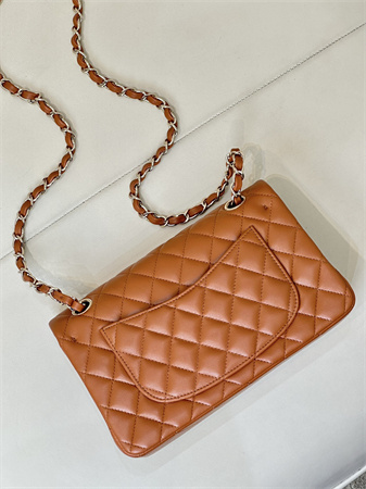 Ch*el small classic flap bag lambskin gold tone metal caramel color 01117 top