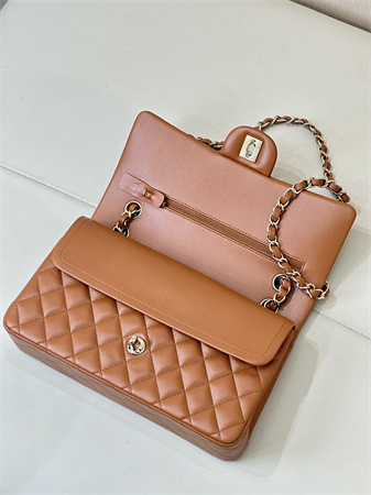 Ch*el medium classic flap bag lambskin gold tone metal caramel color 01112 top