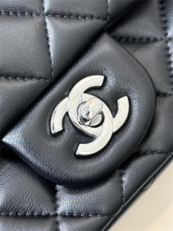 ch*el S*per mini classic flap bag lambskin silver tone metal black 01115 top