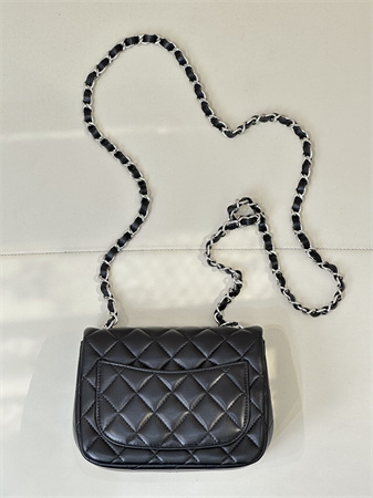 ch*el S*per mini classic flap bag lambskin silver tone metal black 01115 top