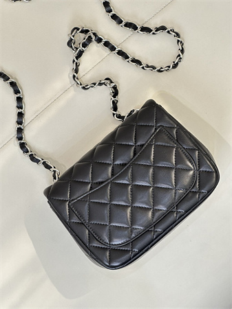 ch*el S*per mini classic flap bag lambskin silver tone metal black 01115 top