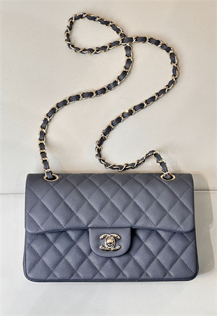 Ch*el small classic flap bag grained calfskin gold tone metal dk grey 01117 top