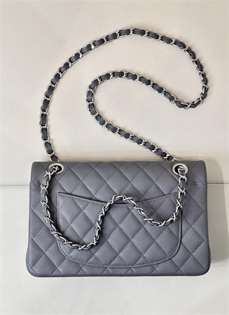 Ch*el small classic flap bag grained calfskin silver tone metal dk grey 01117 top