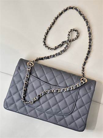 Ch*el medium classic flap bag grained calfskin gold tone metal dk grey 01112 top