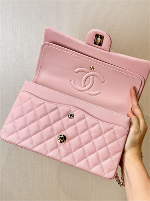 Ch*el medium classic flap bag grained calfskin gold tone metal pink 01112 top