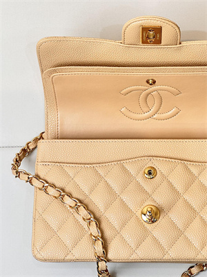 Ch*el small classic flap bag grained calfskin gold tone metal beige 01117 top