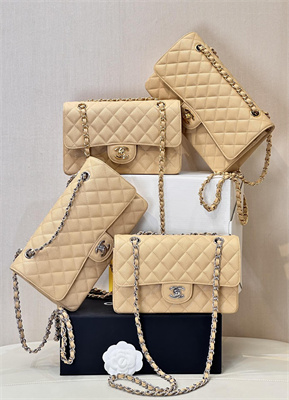 Ch*el medium classic flap bag grained calfskin gold tone metal beige 01112 top