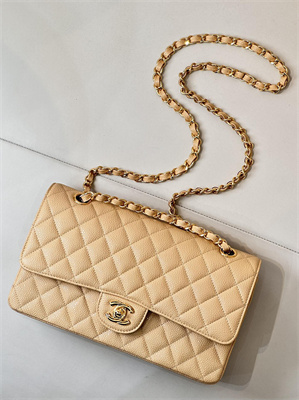 Ch*el medium classic flap bag grained calfskin gold tone metal beige 01112 top