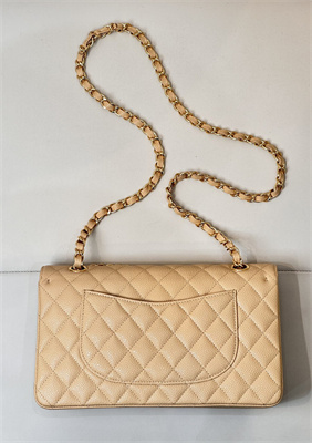 Ch*el medium classic flap bag grained calfskin gold tone metal beige 01112 top