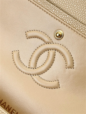 Ch*el medium classic flap bag grained calfskin gold tone metal beige 01112 top