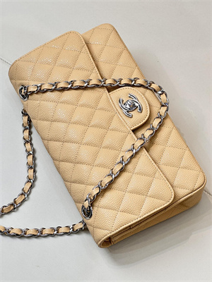 Ch*el medium classic flap bag grained calfskin silver tone metal beige 01112 top
