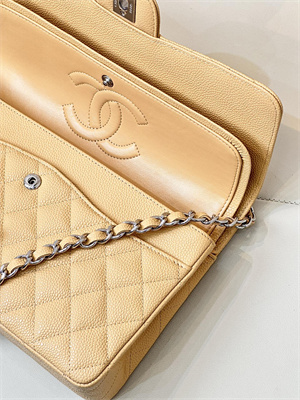 Ch*el medium classic flap bag grained calfskin silver tone metal beige 01112 top