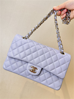 Ch*el medium classic flap bag grained calfskin gold tone metal lt purple 01112 top