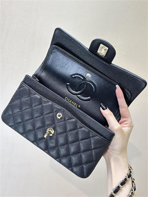 Ch*el small classic flap bag grained calfskin gold tone metal black 01117 top