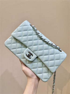 Ch*el medium classic flap bag grained calfskin silver tone metal mint 01112 top