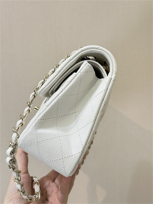 Ch*el small classic flap bag grained calfskin gold tone metal white 01117 top