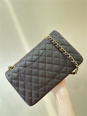 Ch*el medium classic flap bag grained calfskin gold tone metal dk coffee 01112 top