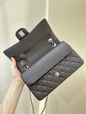 Ch*el medium classic flap bag grained calfskin silver tone metal dk coffee 01112 top