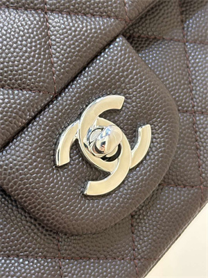 Ch*el medium classic flap bag grained calfskin silver tone metal dk coffee 01112 top