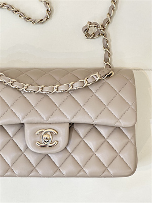 Ch*el small classic flap bag lambskin gold tone metal cream grey 01117 top