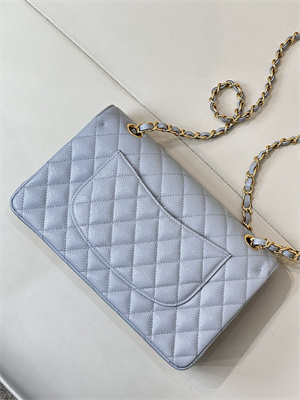 Ch*el medium classic flap bag grained calfskin gold tone metal dusty blue 01112 top