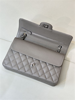Ch*el medium classic flap bag grained calfskin silver tone metal etoupe 01112 top