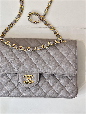 Ch*el medium classic flap bag grained calfskin gold tone metal etoupe 01112 top