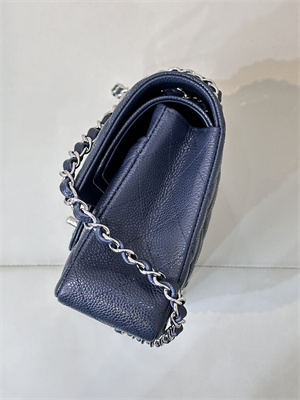 Ch*el medium classic flap bag grained calfskin silver tone metal navy 01112 top
