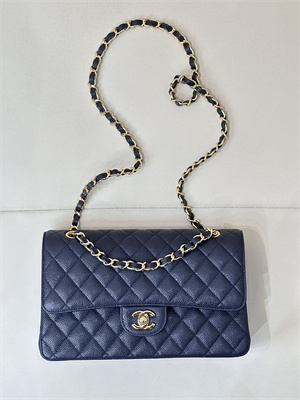 Ch*el medium classic flap bag grained calfskin gold tone metal navy 01112 top