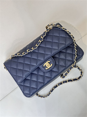 Ch*el medium classic flap bag grained calfskin gold tone metal navy 01112 top