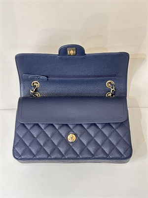 Ch*el medium classic flap bag grained calfskin gold tone metal navy 01112 top