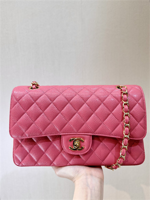 Ch*el medium classic flap bag grained calfskin gold tone metal peach red 01112 top