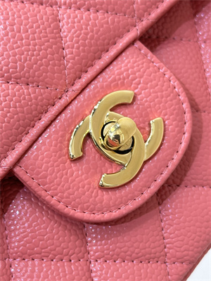 Ch*el medium classic flap bag grained calfskin gold tone metal peach red 01112 top