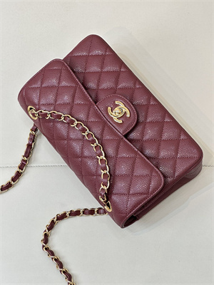 Ch*el small classic flap bag grained calfskin gold tone metal burgundy 01117 top