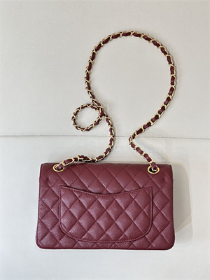 Ch*el small classic flap bag grained calfskin gold tone metal burgundy 01117 top