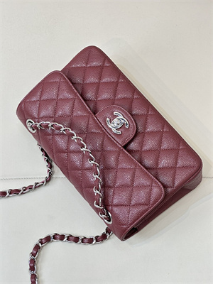 Ch*el small classic flap bag grained calfskin silver tone metal burgundy 01117 top